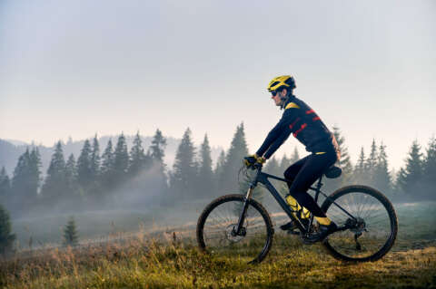 Radfahrer vor Berglandschaft mit Wald im Frühnebel