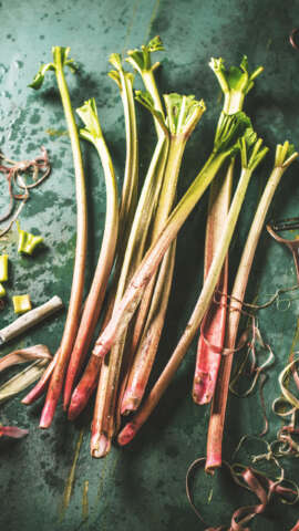 Rhabarber: Rhabarber und Schälmesser auf grünem Hintergrund