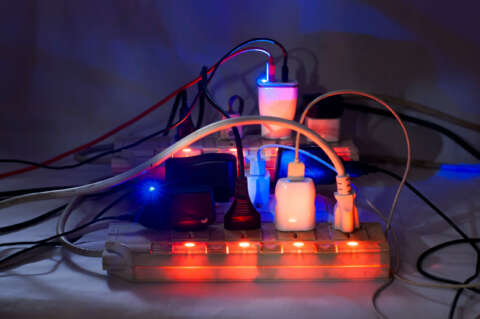 Spar dich glücklich: dunkler Raum mit blinkenden und voll ausgelasteten Mehrfachsteckern.