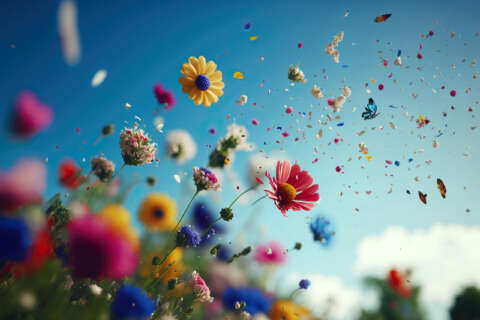 Allergie: beautiful field of flowers with flying petals, ai generated