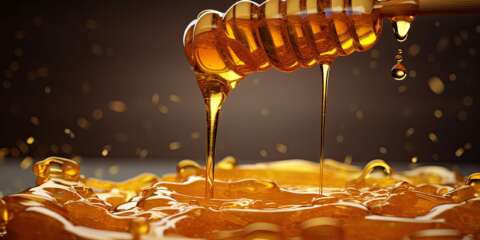 Honig und Wasser -Honig tropft von einem Höniglöffel aus Holz