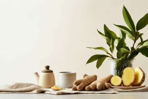 Ingwer: a cup filled with ginger tea, placed on a sleek table alongside fresh ginger root, a teapot, and scattered ginger leaves. The foreground perspective adds depth to the composition